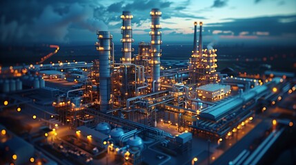 Fototapeta premium Illuminated Industrial Refinery at Dusk. Expansive industrial refinery illuminated at dusk, featuring complex piping systems, tall towers, and glowing lights.