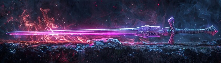 Neonlit sword on dark surface, Fantasy, Bright colors, Digital painting, Magical weapon and mystical ambiance 8K , high-resolution, ultra HD,up32K HD