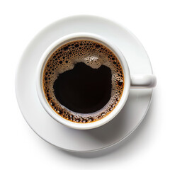 Top-down view of a freshly brewed cup of black coffee on a white saucer, epitomizing a revitalizing summer morning or a cozy cafe terrace