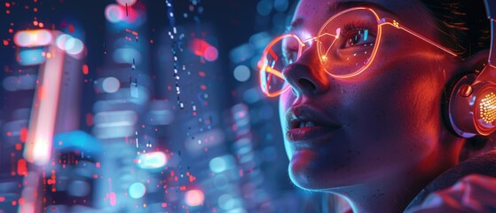 Woman wearing neon glasses and headphones, immersed in vibrant cyber cityscape at night with holographic elements.