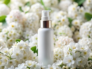 A white reading bottle on a white floral background.clean cosmetic bottles, bottles, without labels, 