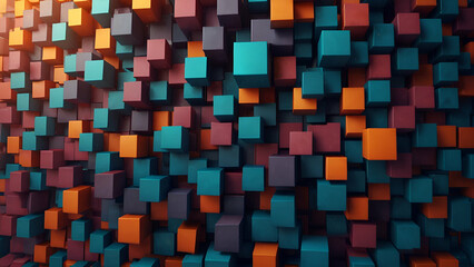 Vibrant abstract backdrop composed of multicolored cubes merging hues to form a dynamic visual tapestry.



