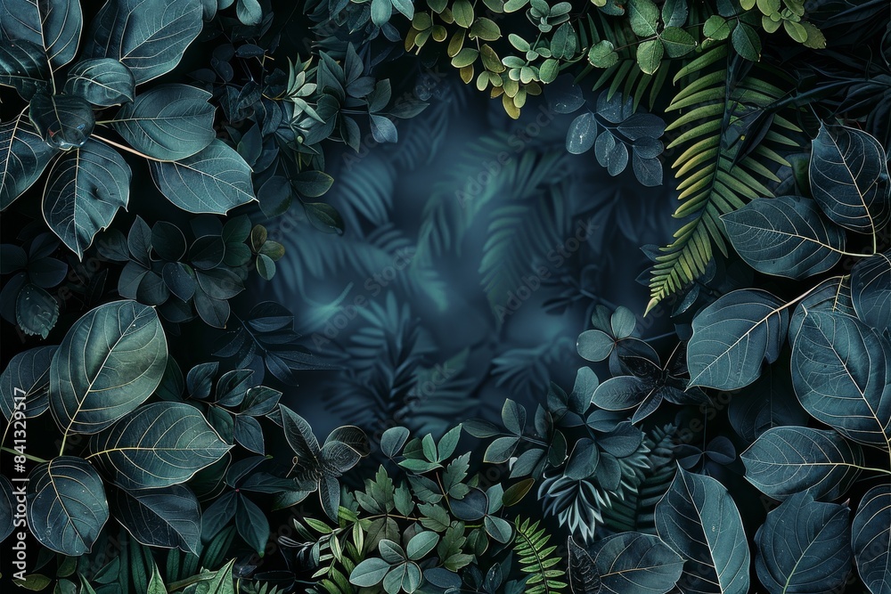 Poster empty center, dark shadowy leaves of different plants. generative ai.