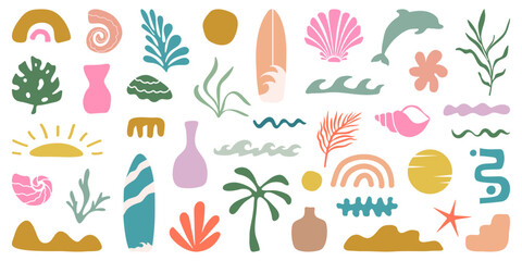 Retro Groovy Surf Club in trendy Boho style. Naive Geometric Summer Palm Tree. Simple background of sun sea. Retro Summer Beach Hand Drawn isolated illustration. Vintage Surf Club. Vector illustration