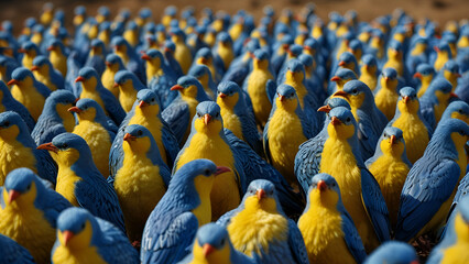 Obraz premium In a sea of sameness a vibrant yellow birds boldly asserts its individuality a beacon of uniqueness amidst the uniformity.