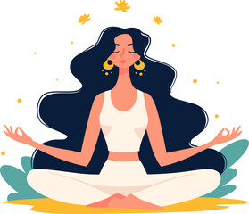 Woman with long hair doing meditation and yoga. Flat vector illustration. Around white lotus flowers. Vector illustration
