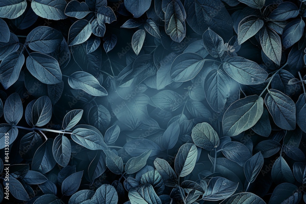 Poster empty center, dark shadowy leaves of different plants. generative ai.
