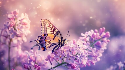 Beautiful butterfly Iphiclides podalirius on lilac flowers. Artistic tender photo. Soft selective focus. 
