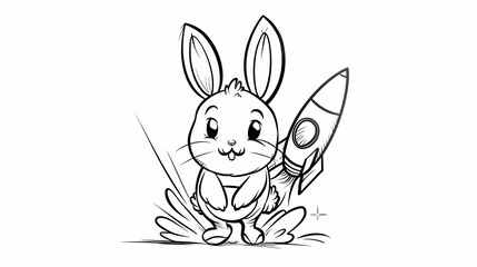 Fototapeta premium Coloring pictures of a cute bunny with a rocket standing in a cheerful pose.