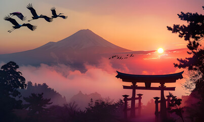 Obraz premium Fujiyoshida, Japan Beautiful view of mountain Fuji and Chureito pagoda at sunset