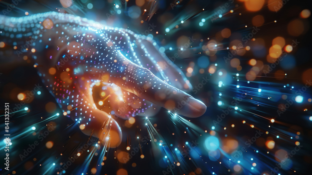 Aufkleber Some digital flow of data through the air, fingers are trying to touch bubbles filled with coding languages shortcuts. Generative AI.