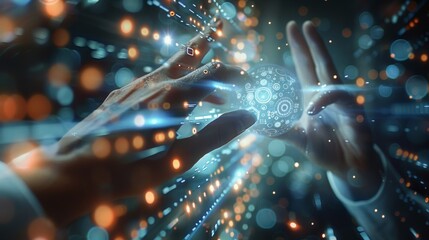 Some digital flow of data through the air, fingers are trying to touch bubbles filled with coding languages shortcuts. Generative AI.