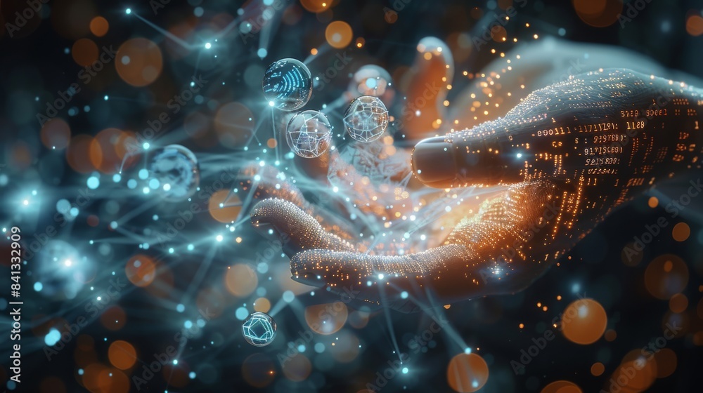 Aufkleber Some digital flow of data through the air, fingers are trying to touch bubbles filled with coding languages shortcuts. Generative AI.