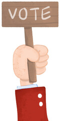 The arm of a man in a red shirt holds a brown wooden voting sign.