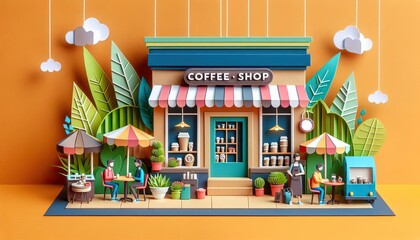 Cozy coffee shop with outdoor seating plants and customers