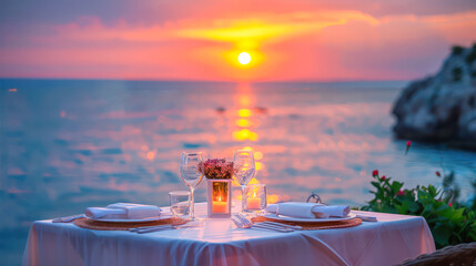 Fototapeta premium Romantic sunset dinner on beach. Table honeymoon set for two with luxurious food, glasses of champagne drinks in restaurant with sea view.Generative AI