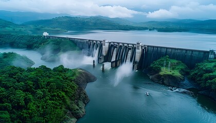 The dam is full of water and there's an endless waterfall flowing from it