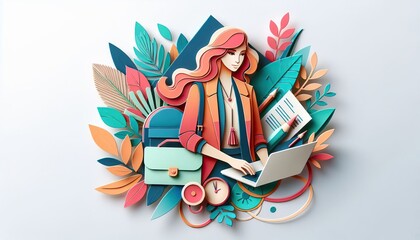 Colorful paper art woman with laptop and office supplies in creative workspace