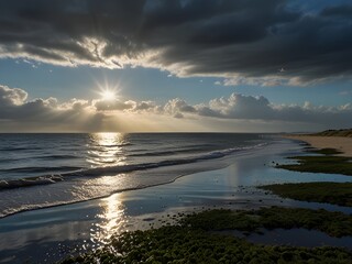 Fototapeta premium Scenic Sunset Over a Calm Ocean with Waves and Clouds, Perfect for Travel, Nature, and Relaxation-Themed Stock Photography