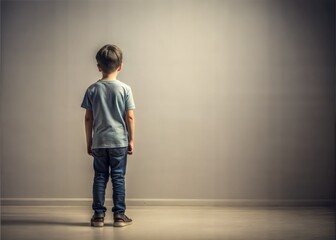 little boy standing on grey background