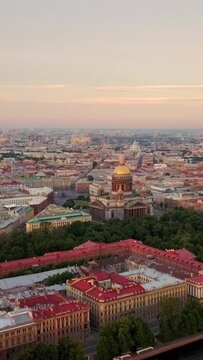 Petropavlovskaya krepost of Saint-Petersburg. Aerial, summer Sunset light. Vertical shot.