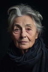 A senior woman wearing two scarves, one around her neck and the other around her head