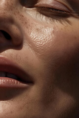 Fototapeta premium Ultra-Detailed Close-Up Photo of a Middle-Aged Woman's Face Highlighting Pristine, Healthy Skin