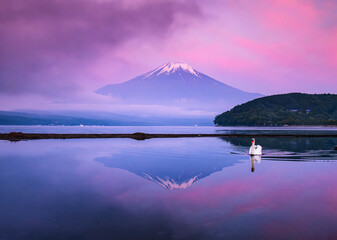 山中湖から朝焼けと白鳥