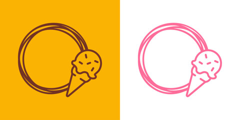 Logo ice cream. Silueta de marco circular con líneas con helado con bola en cono de waffle sabores fresa y chocolate © teracreonte