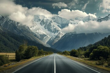 Naklejka premium Embark on a breathtaking journey through the majestic snow-capped mountains on a scenic and dramatic mountain road route. Surrounded by a wild and tranquil wilderness landscape. Clouds
