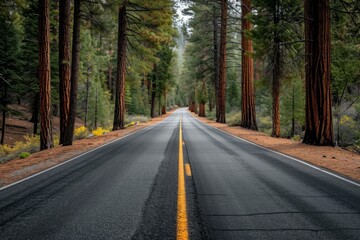 Fototapeta premium Tranquil straight road passing through a majestic pine forest under overcast skies