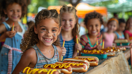 Happy children enjoying hot dogs at a colorful outdoor party event. Festive hot dog day celebration.