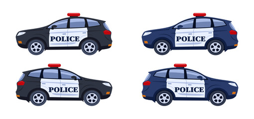 Police car set. Police service concept, calling the police. Set of vector illustrations isolated on a white background.