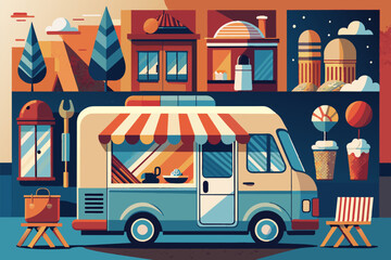 Vintage-style ice cream truck in a colorful street scene.  Artistic illustration of a vintage-style ice cream truck parked in a vibrant street with buildings and trees in the background