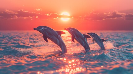 Vibrant Dolphins Leaping from Crystal Clear Sunset Ocean