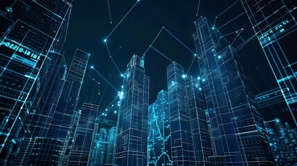 Abstract 3d city rendering with wireframe skyscrapers, digital elements, and technology concept