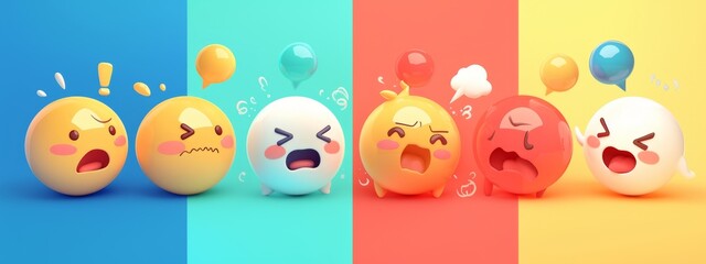 Expressive Emoticons: Happy, Sad, and Surprised Faces for Social Networks and Online Chat. 4K HD Wallpaper for Wide Independent Banner Design with Ample Copy Space.