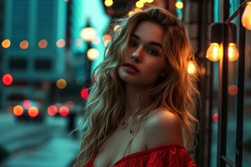 Young woman posing with soft gaze on a city street as evening lights twinkle behind