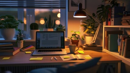 Cozy and Productive Home Office Setup with Laptop, Sticky Notes, and Personal Items in Soft Lighting