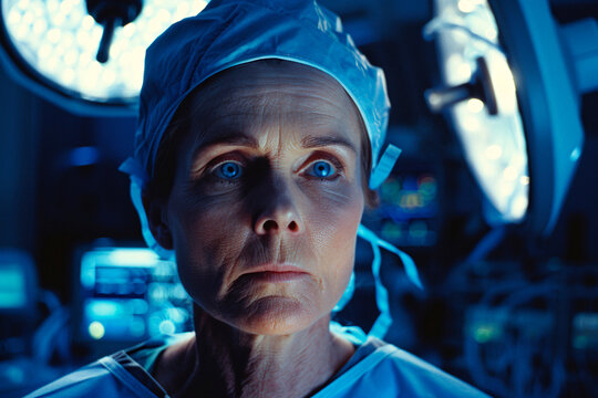 A female surgeon's intense gaze highlights her focus and expertise