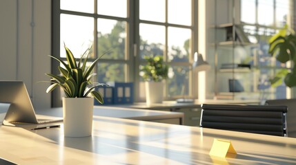 Serene Minimalist Office Space with Single Sticky Note on Sleek Desk in Bright, Airy Environment