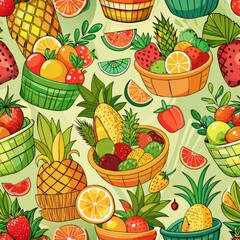 Seamless pattern of tropical fruit baskets overflowing with goodies like pineapples, melons, and berries, Generative AI