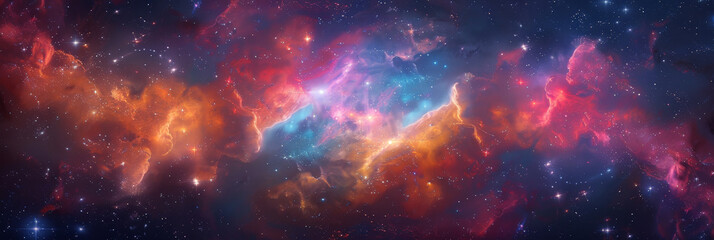 Naklejka premium Vibrant cosmic nebula in deep space with swirling colors and sparkling stars, showcasing the beauty and grandeur of the universe in a mesmerizing, celestial scene..