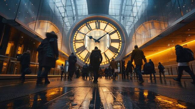A large clock in a train station with people walking around