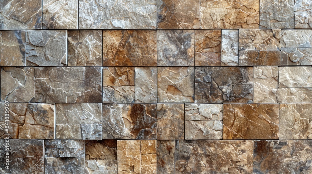 Sticker texture of brown stone tiles with a patterned background in a horizontal image