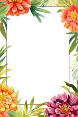 Fototapeta premium zinnia themed frame or border for photos . in bold and vibrant colors. watercolor illustration, white color background. Good for wedding print products, paper, invitations, greetings.