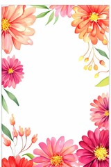 zinnia themed frame or border for photos . in bold and vibrant colors. watercolor illustration, white color background. Good for wedding print products, paper, invitations, greetings.