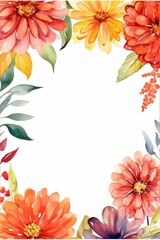 Obraz premium zinnia themed frame or border for photos . in bold and vibrant colors. watercolor illustration, white color background. Good for wedding print products, paper, invitations, greetings.