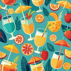 Seamless pattern of tropical fruit cocktails and refreshing drinks served with umbrellas and straws, Generative AI
