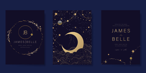 Navy Blue Luxury Wedding Invitation, start invite thank you, rsvp modern card Design in Night sky with  little star moon sun and space decorative Vector elegant rustic template